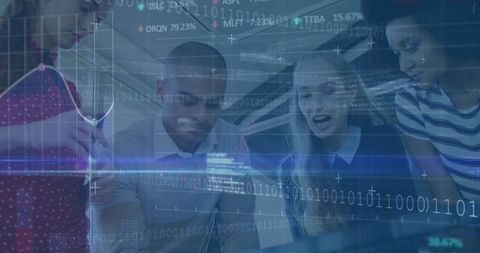 Diverse professionals analyzing digital financial data during team meeting