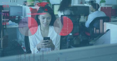 Modern Businesswoman Analyzing Data on Smartphone at Office Desk