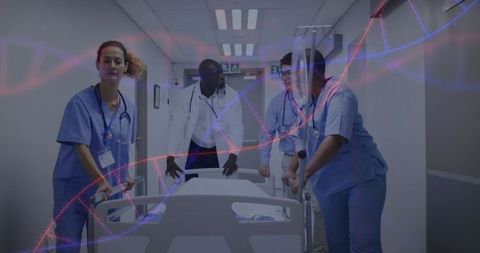 Medical Team Pushing Stretcher Down Hospital Corridor