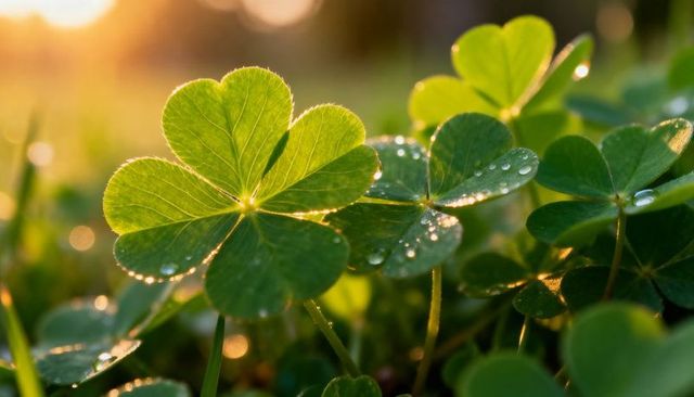 Glowing Four-Leaf Clover Dew Drops Backlit at Golden Hour Macro Meadow Close-Up