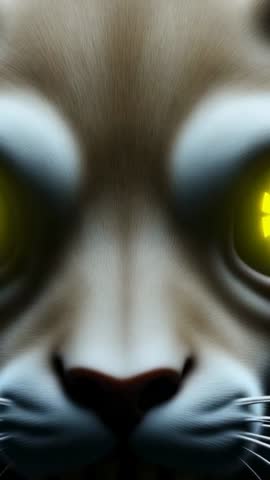 Close-up cat head emerging from darkness with glowing yellow eyes vertical horror loop