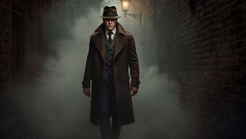 Noir detective walking through fog-filled alley wearing fedora and trench coat cinematic