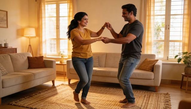 Sunlit couple dancing barefoot on woven jute rug in cozy modern living room, casual jeans