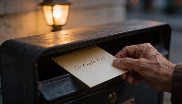 Elderly hand placing handwritten 'sent with love' letter into vintage mailbox under warm lamp glow