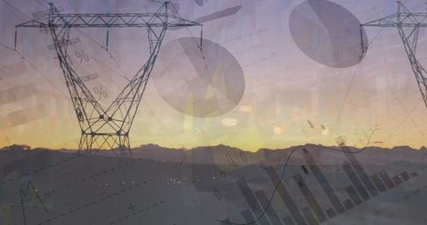 Digital Data Visualization Over Futuristic Power Lines