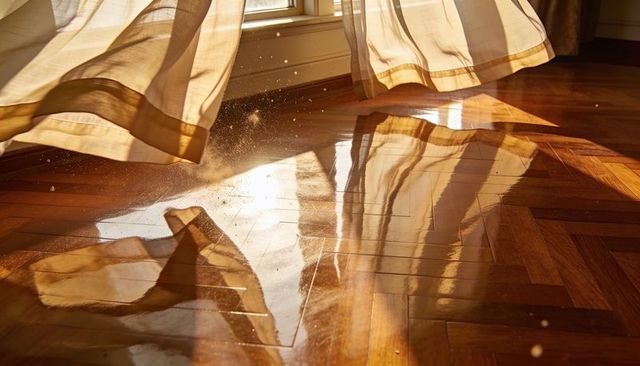 Billowing sheer curtains casting golden sunbeams and dust motes over warm parquet floor