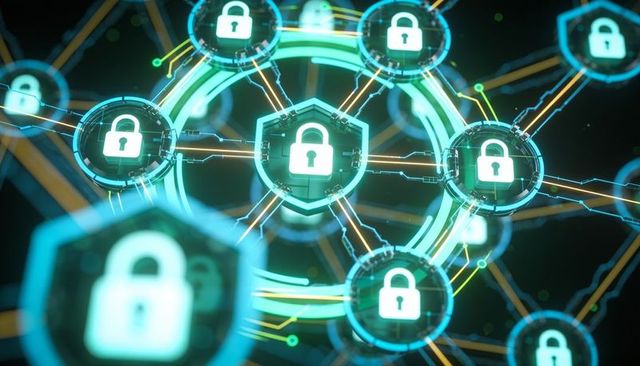 Securing digital network with glowing padlock shields and neon circuitry visualization