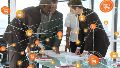 Diverse Business Team Discussing Plans with Futuristic Digital Icons