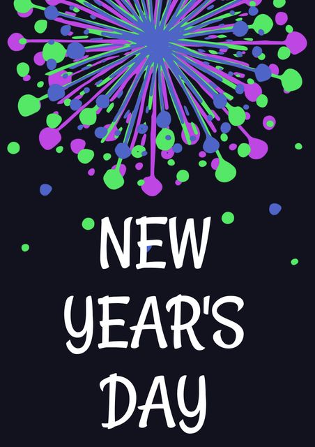 Digital composite image of new year's day text with colorful firework on black background. christmas, symbol and creativity.