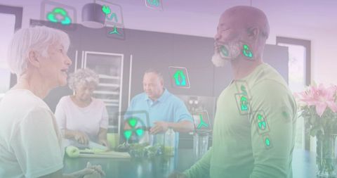 Multigenerational group cooking and exploring sustainable energy with holographic icons