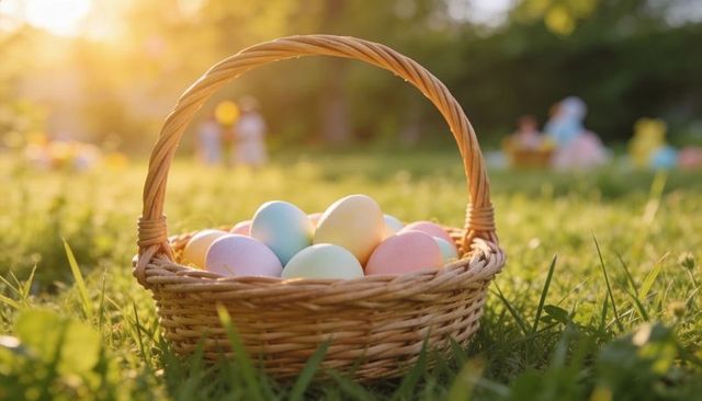 Wicker basket holding pastel easter eggs sitting on sunlit grass at golden hour, basking warmly