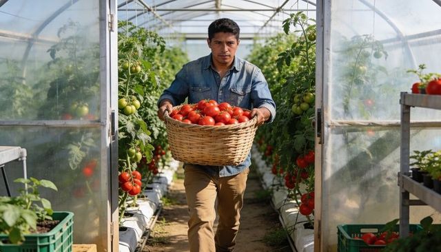 Greenhouse worker carrying large basket of ripe tomatoes through growbag rows at harvest