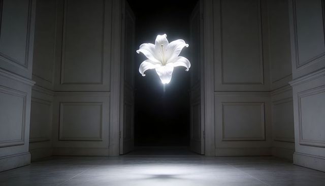 Floating glowing white lily casting light in neoclassical paneled room with open doors