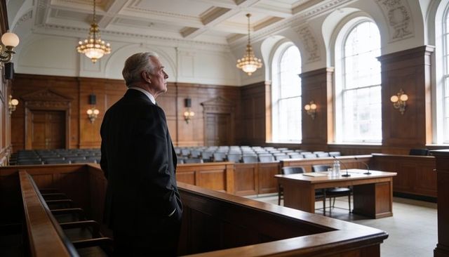 Senior man standing in wood-paneled courthouse watching empty bench and arched windows