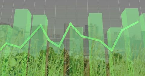 Translucent green 3d bar chart overlaying neon trend line on urban grass skyline analytics