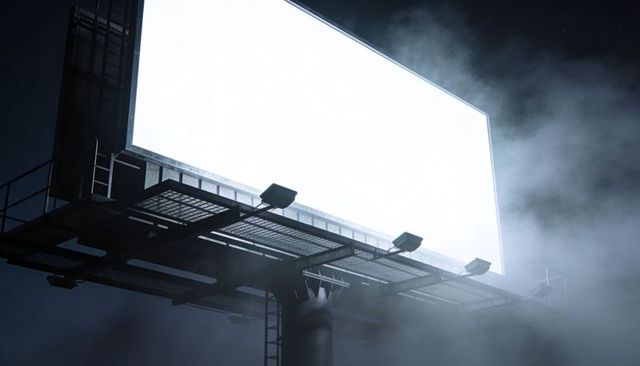 Dominating night billboard panel glowing above foggy street, floodlights cutting mist