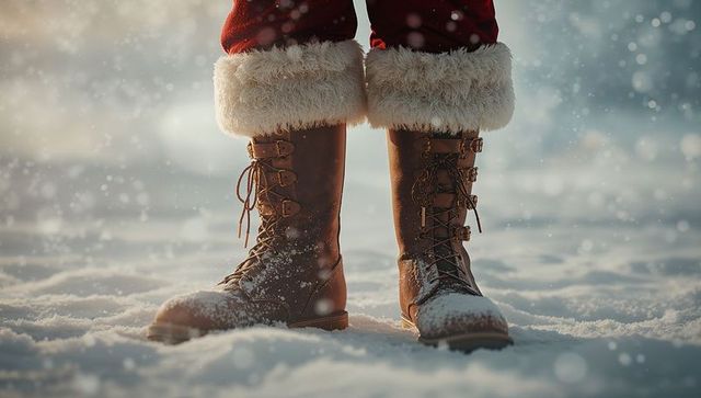 Brown lace-up boots in snow with red cuffs and falling snowflakes