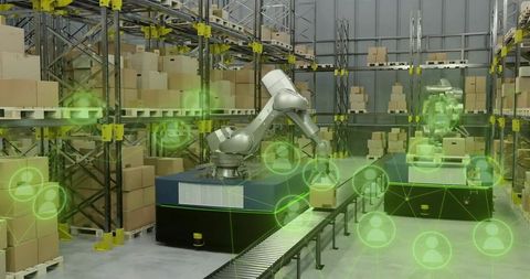 Autonomous robotic arm picking packages on conveyor in smart warehouse with network overlay