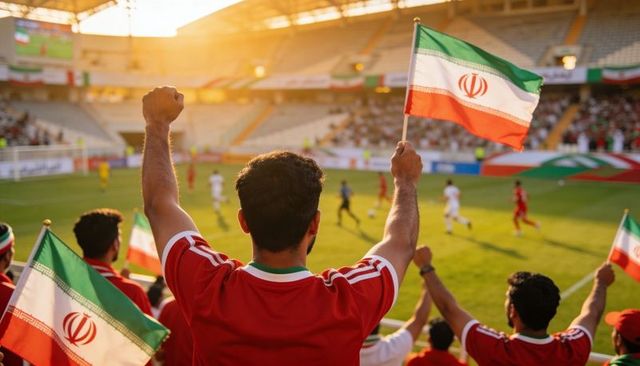 Iranian football fans cheering and waving flags under golden hour sun in stadium
