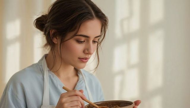 Young woman stirring ceramic bowl in sunlit minimalist kitchen wearing apron and blue top