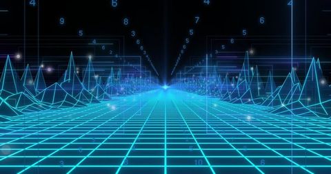 Glowing neon-cyan grid receding to horizon with wireframe peaks and floating numeric glyphs