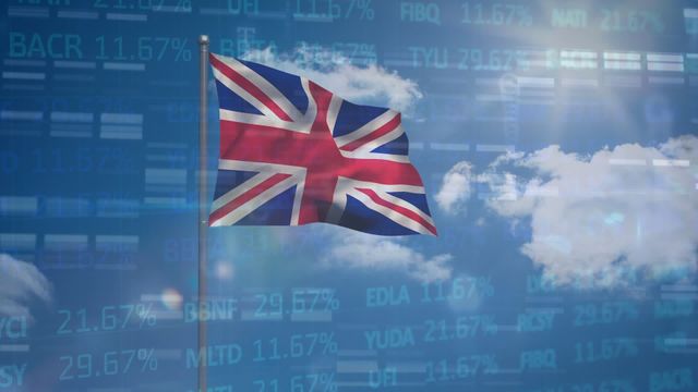 Visual depicts the Union Jack flag waving against backdrop of cloudy sky and superimposed financial market data. Ideal for use in economic analyses, UK financial articles, presentations, and educational materials.