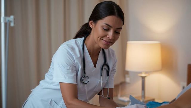 Female nurse checking patient pulse at bedside in white scrubs with stethoscope
