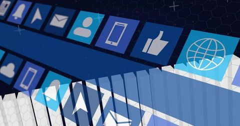 Shifting digital app tiles showing global connectivity and social media icons on hexagonal grid