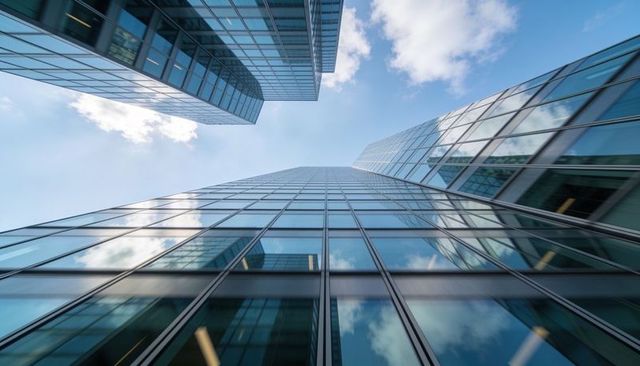 Soaring glass skyscrapers reflecting sky and clouds from street-level perspective