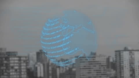 Digital Globe Hologram with Code Overlaying Cityscape