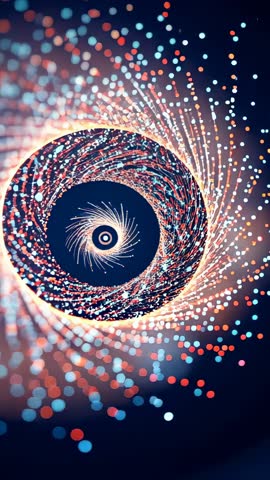 Vertical video abstract vortex rotating spiral of glowing particles forming expanding ring core