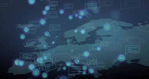 Digital Connectivity Across European Network Map Featuring Chat Icons and Nodes