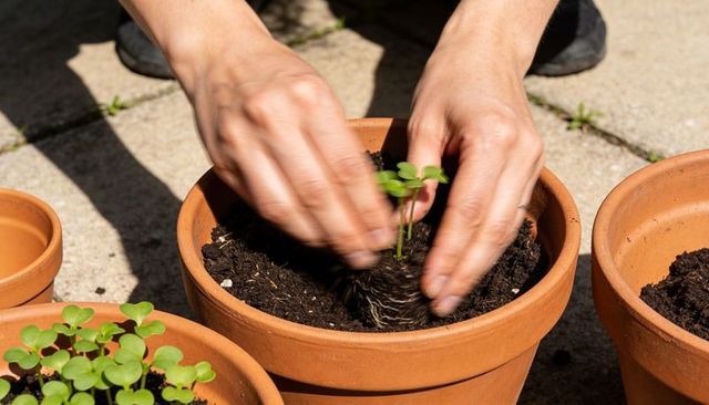 Hands planting seedling into terracotta pot on sunny patio pressing soil for urban garden