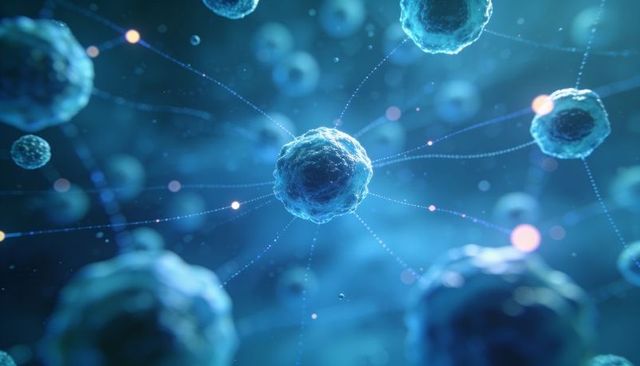 Microscopic cells forming glowing filament network in cyan molecular environment with depth