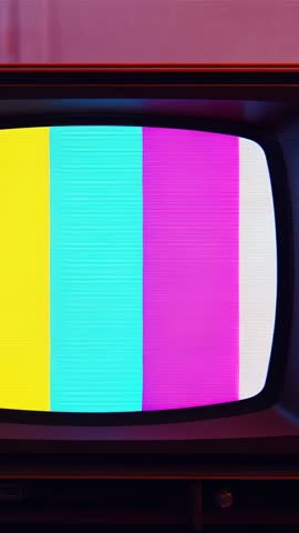 Vertical flickering CRT displaying color bars with scanline glitches retro test pattern video