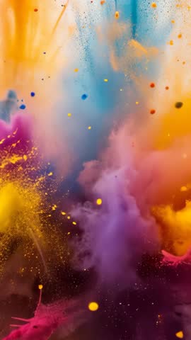 Vertical abstract color explosion video erupting powder clouds rising, colliding, swirling