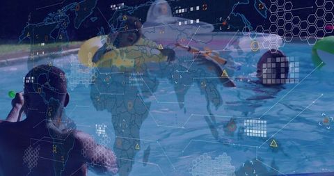 Friends Enjoying Night Pool Party with Futuristic Data Overlays