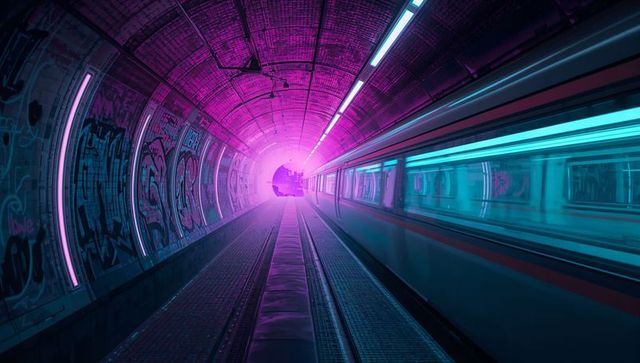 Speeding subway train in neon-pink tunnel