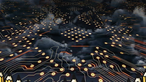 Futuristic Circuit Board with Pencils in Cloudy Landscape