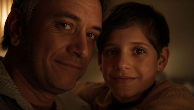 Intimate father and son closeup sharing warm smile in cozy living room lamp light, sweater