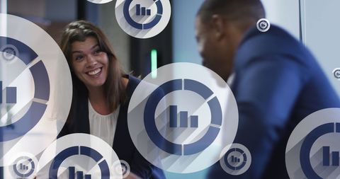 Business Discussion with Overlaid Digital Statistic Icons