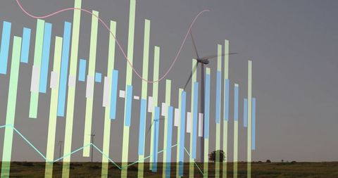 Wind Turbine in Grassland with Financial and Data Visualization Elements
