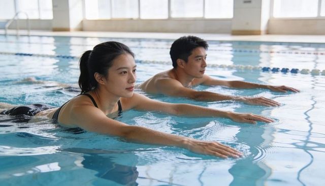 Asian couple practicing prone glide swim technique in indoor lap pool for training