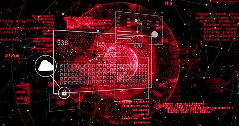 Red cybersecurity interface visualizing global data flow with wireframe globe and encrypted lock