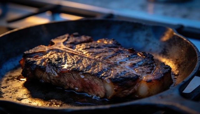Searing bone-in steak in cast-iron skillet, sizzling juices and caramelized crust