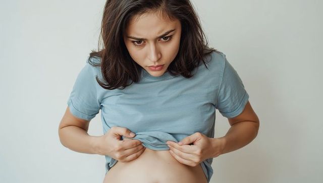 Concerned asian woman inspecting abdomen while lifting light blue shirt, health check