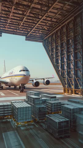 Ground crew guiding cargo jet into hangar while loading pallets and conducting ramp safety checks