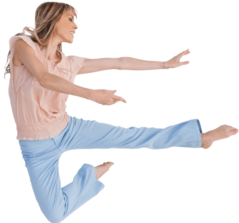 Joyful woman in dancing pose on transparent background