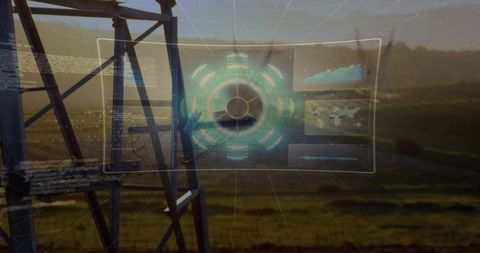Holographic operations dashboard hovering over rural power tower at sunset for monitoring