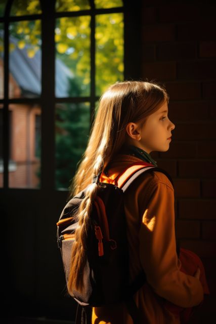 Young girl with backpack standing by doorway in warm morning sunlight. Scene evokes feelings of anticipation and curiosity, suitable for back-to-school promotions, educational content, and themes of childhood and growth.